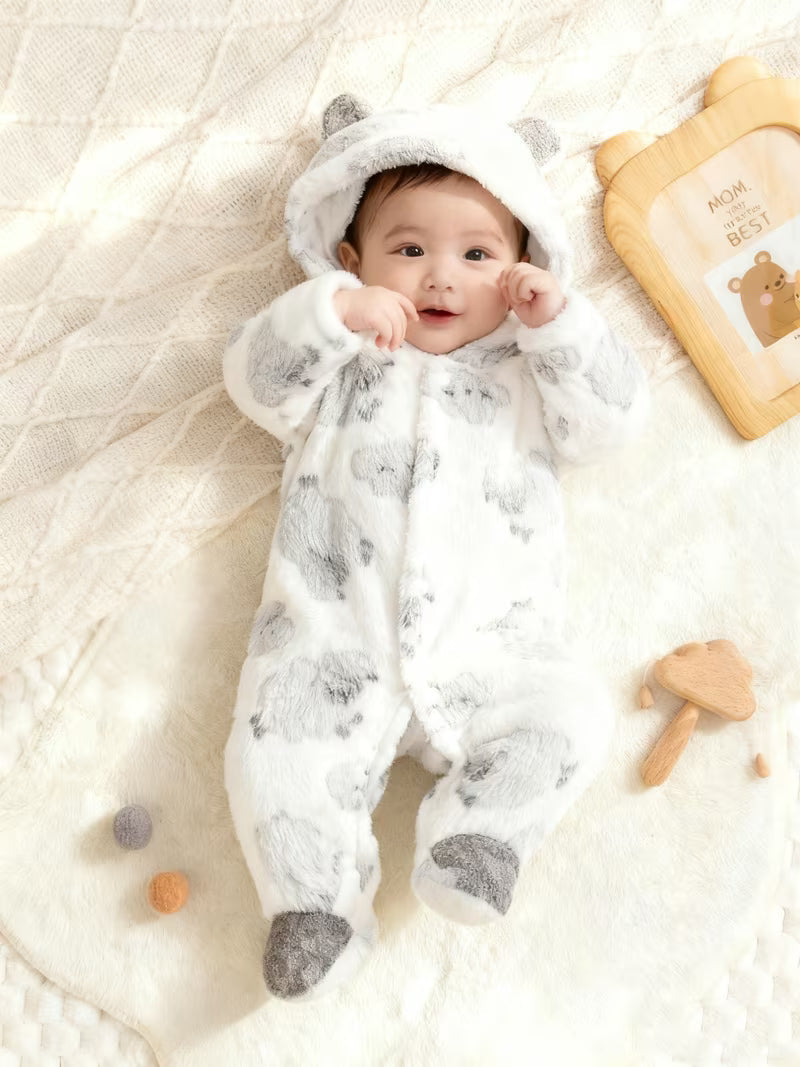 Baby Boy Onesies Animal Print Long Sleeve Hooded Fuzzy